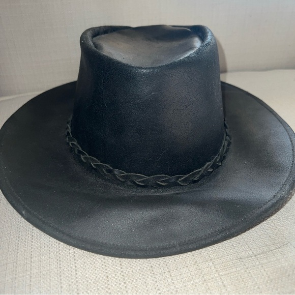 Black Leather Cowboy Hat Braided Band With Tassels Size Large Made In Mexico - Picture 3 of 6